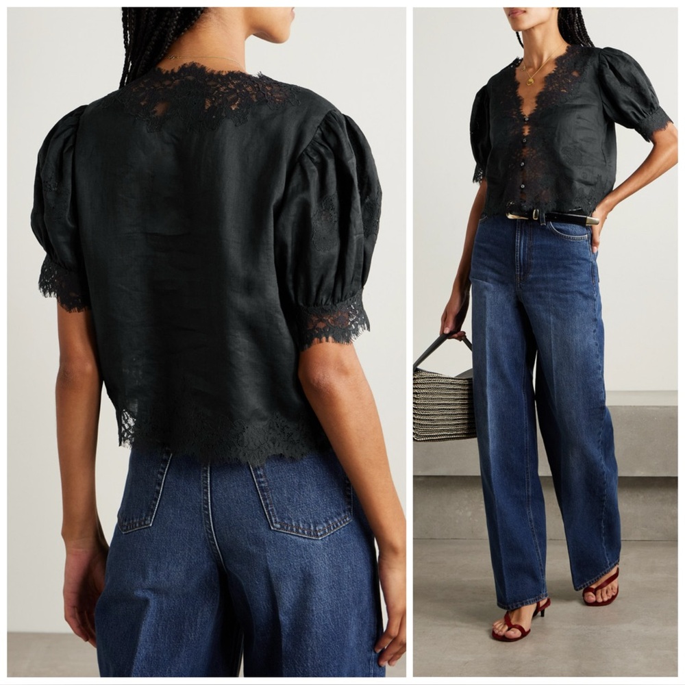 Doen Black Lace-Trim Puff-Sleeve Blouse